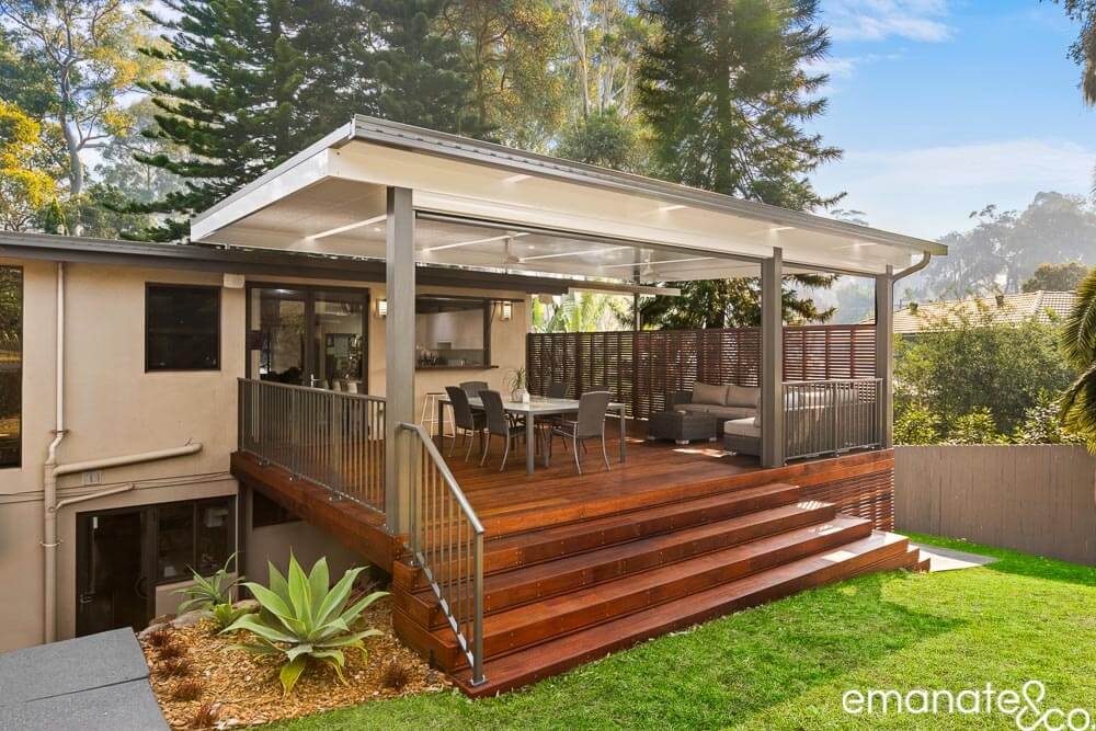 Timber deck & covered alfresco space with french doors & awning window in Normanhurst, Sydney